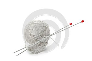 Gray ball of yarn with knitting needles, isolated on white background