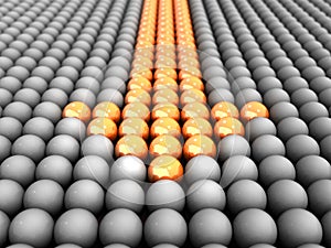 Gray balls are arranged in an orderly manner in the space. In it, a glowing orange arrow approaches you.