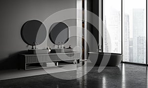 Gray bathroom corner with tub, double sink and shelves