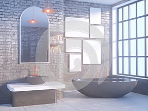 Gray bathroom interior with a concrete floor, a bathtub, a double sink 3d illustration mock up