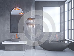 Gray bathroom interior with a concrete floor, a bathtub, a double sink 3d illustration mock up