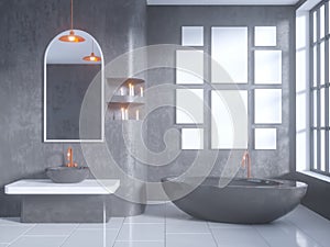 Gray bathroom interior with a concrete floor, a bathtub, a double sink 3d illustration mock up