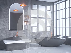 Gray bathroom interior with a concrete floor, a bathtub, a double sink 3d illustration mock up