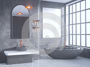 Gray bathroom interior with a concrete floor, a bathtub, a double sink 3d illustration mock up