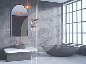 Gray bathroom interior with a concrete floor, a bathtub, a double sink 3d illustration mock up