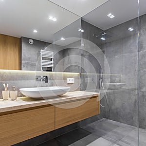 Gray bathroom with long countertop