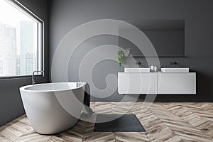 Gray bathroom, tub and sink, side view