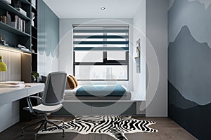 Gray Bed next to the window, Dray Gray Wall Paint and shelf, Table, Chair in bedroom interior, 3D rendering