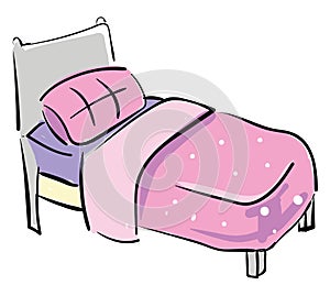 Gray bed with pink blanket, vector or color illustration