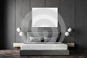 Gray bedroom interior, poster, front view