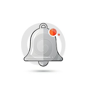 Gray bell icon on a white background with a minimalist design. Features a small red