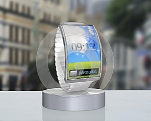 Gray bent interface smartwatch on showcase with steel watchstrap