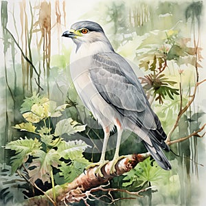 Hyperrealistic Watercolor Painting Of Bird In Jungle photo