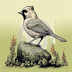 Gray Bird On Rock: Adonna Khare Style Vector Illustration