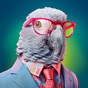 Fashionable Gray Parrot With Glasses: A Bold And Colorful Studio Portraiture photo
