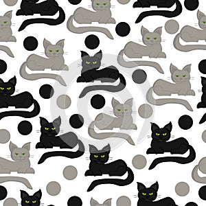 Gray and black cats and dots seamless pattern, a pair of cats on a white background