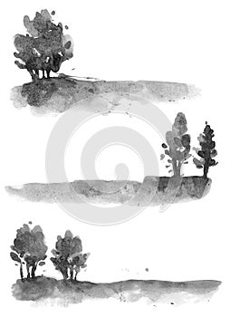 gray black black forest, trees , watercolor hand drawing illustration