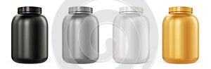 Gray, black, white and gold plastic protein powder jar on white
