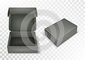 Gray blank cardboard box with flip top, realistic