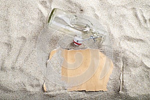 Gray blank paper covered with sand and a glass open bottle in the sand. The letter is on the beach