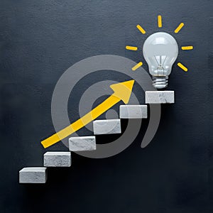 Gray blocks form a lighted stairway with yellow arrow leading to light bulb