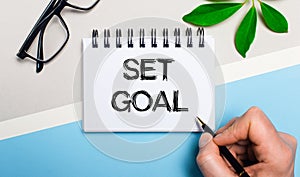 On a gray-blue background, near glasses and a green leaf of a plant, a man writes on a piece of paper the text SET GOAL. Flat lay