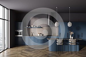 Gray and blue kitchen interior with bar