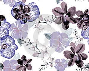 Gray Botanical Garden. Navy Orchid Texture. Azure Hibiscus Set. Flower Print. Watercolor Set. Seamless Decor. Pattern Set. Tropica