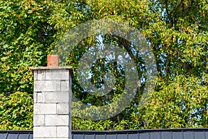 Gray brick chimney by leafy trees