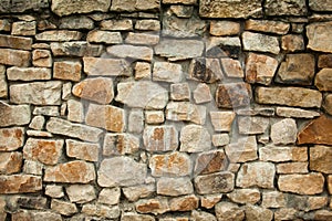 Gray-brown cobblestone wall, stones of different sizes and shapes.