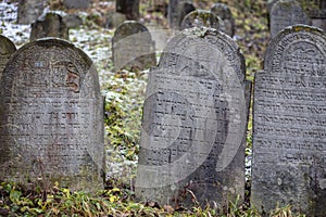 Gray and brown gravestones in an old Jewish cemetery in the Carpathian mountains. Hebrew inscriptions on tombstones. Jewish