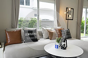 Gray and brown pillows over sofa and window.