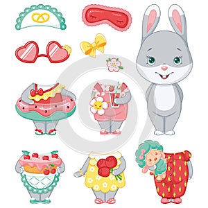 Gray Bunny with clothing for summer. Dress up paper doll. Cartoon illustration