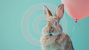 A gray bunny with an inflatable pink balloon on a light blue background