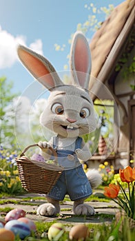 Gray bunny stands in the garden in his paws holding a basket with Easter eggs. Generated AI