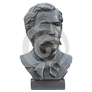 Gray bust of a mustachioed man on an isolated background. 3d rendering. Khudekov Sergey Nikolaevich.