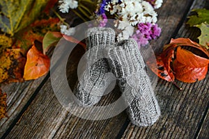 Gray cable knit baby socks on dark wooden background and dry autumn leaves