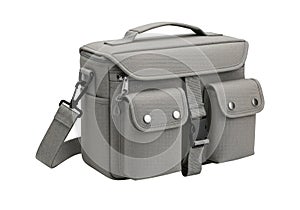 Gray camera bag with multiple pockets and adjustable strap on a white background