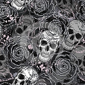 Gray camouflage pattern with skulls, roses