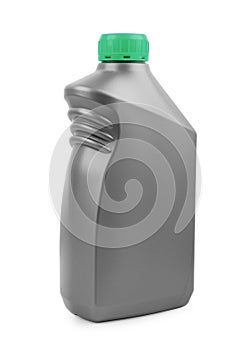 Gray canister with engine oil isolated on white background