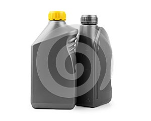 Gray canister with engine oil isolated on white background photo