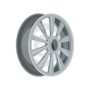 Gray car disk. Flat vector icon of alloy wheel. Transport theme. Element for advertising banner, flyer or poster auto