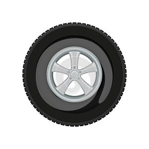 Gray car disk with large black tire. Automobile theme. Flat vector element for promotional poster or banner of tire