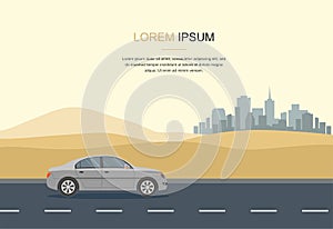 Gray Car Drive on Road in the Desert Vector Illustration