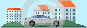 Gray car side view. Car is driving on road. Landscape with residential buildings and automobile