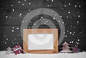 Gray Card With Frame And Red Decoration, Copy Space, Snow