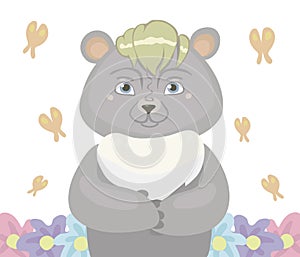 Gray cartoon bear with bangs of blond and blue eyes in the center, orange butterflies fly around and grow flowers isolated on whit