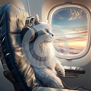 A gray cartoon cat on an airplane sits with headphones near the window