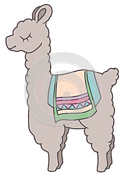 Gray cartoon style llama or alpaca with colorful blanket with simplem peruvian pattern, vector illustration for children