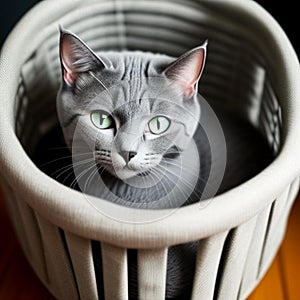 Gray cat in the basket,generated illustration with ai